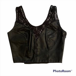 Black Lace-Trim Leather Crop Top